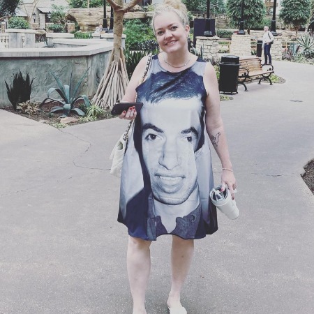 Colleen Hoover wearing dress with face of Nathan Fielder.